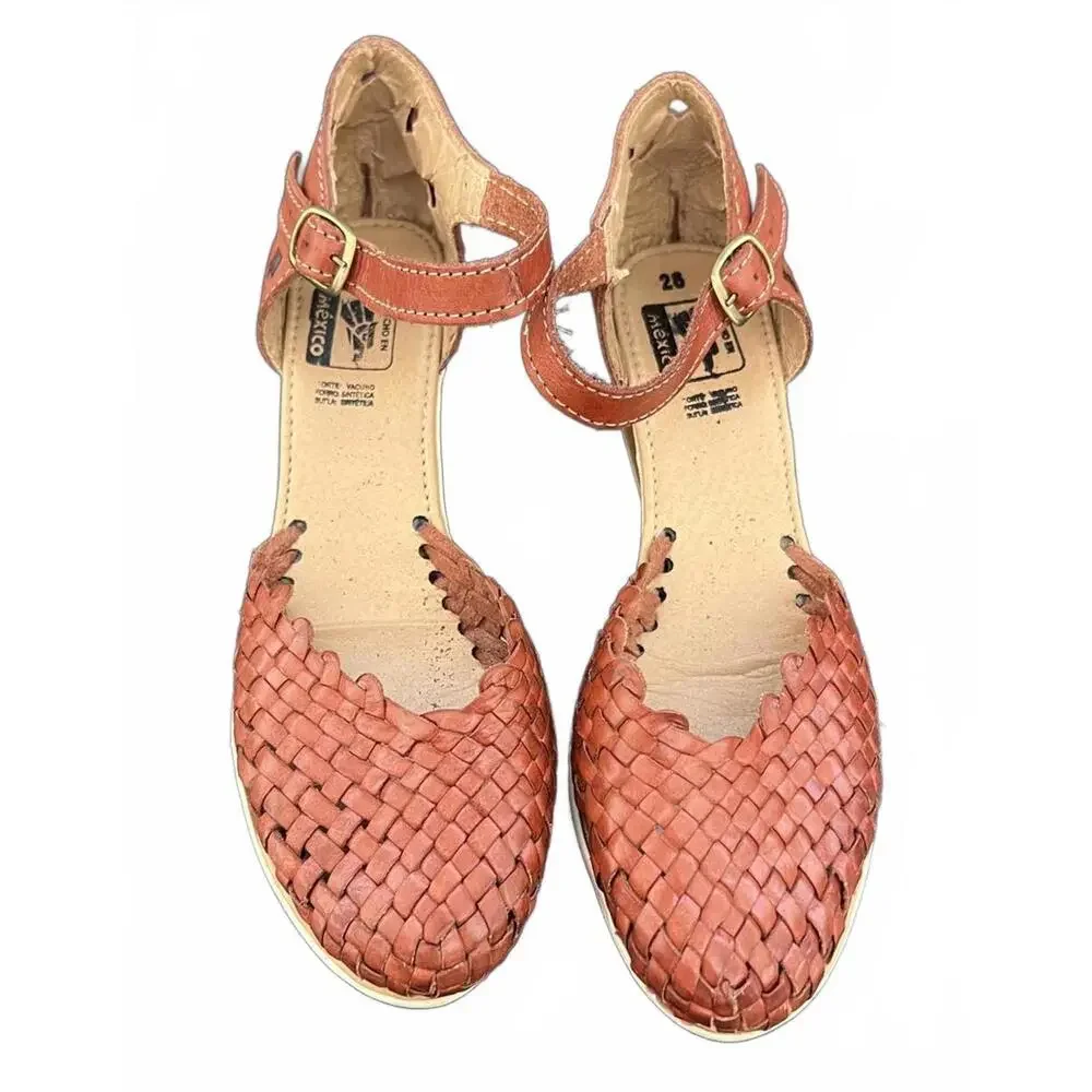 Woven Brown Leather Wedge Sandals with Cutouts - Size 26